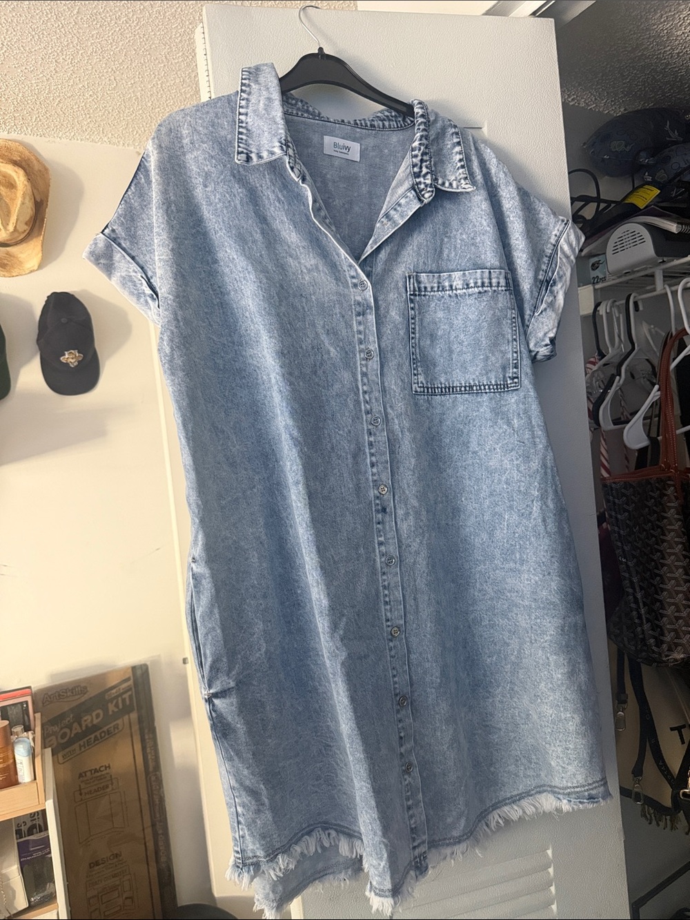 Bluivy Light Blue Acid Wash Denim Midi Shirt Dress
